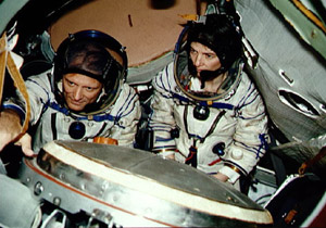 Astronauts Norman Thagard and Bonnie Dunbar at the Gagarin Cosmonaut Training Center. NASA photo.
