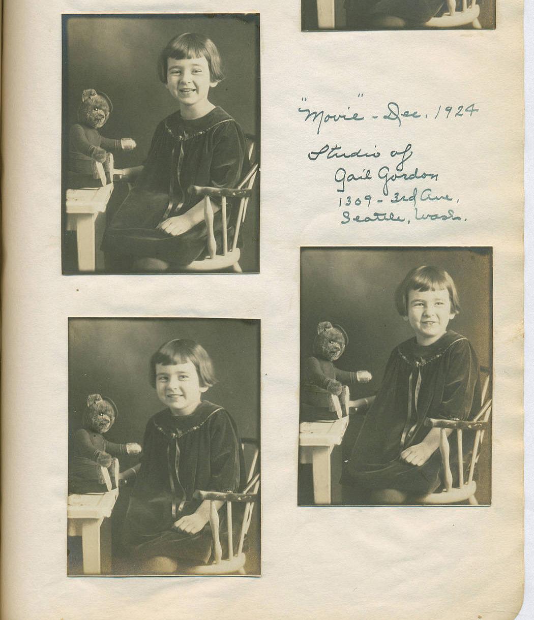 Scrapbook page titled "Movie" - Dec. 1924, Studio of Gail Gordan 1309 3rd Ave, Seattle, Washington