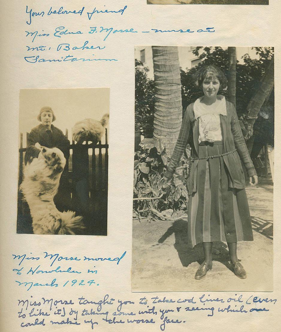 Another scrapbook page with pictures of Miss Edna Morse, a nurse at Mt Baker Sanitarium