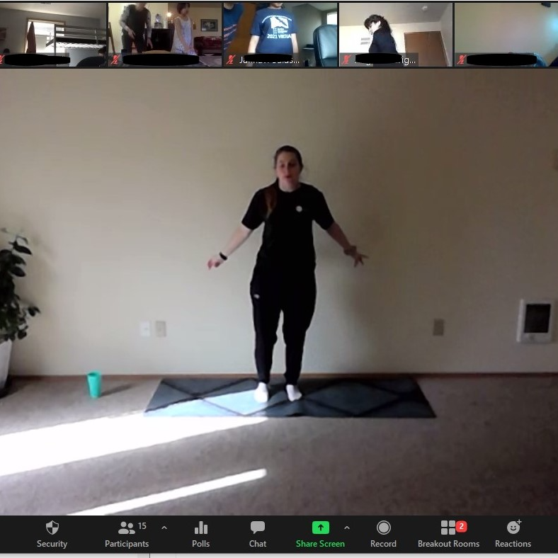 Screen capture of Braille Challenge student competitors taking part in a heart-pumping virtual session of audio-described Zumba, led by Northwest Association for Blind Athletes.