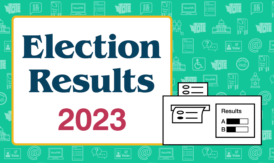 “Election Results, 2023” with illustration of ballot going through tabulation machine.
