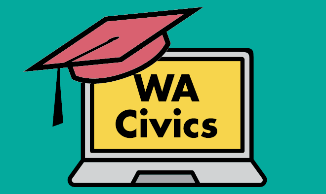 Graduation cap on a laptop, the screen reads “WA Civics”