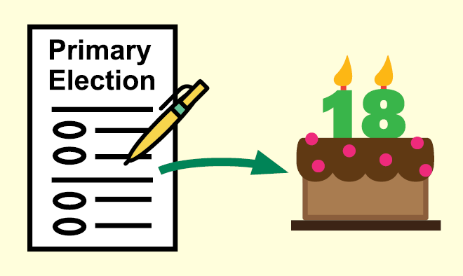 “Primary Election” ballot and pen moving with an arrow towards a birthday cake with a number 18 candle on top.