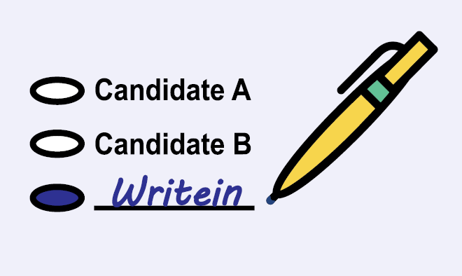 Ballot with bubble filled next to line with “Writein” on top and a pen