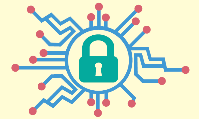 closed lock surrounded by circuit board lines