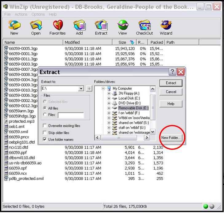 Figure 5: Screenshot of WinZip: Extract to “Removable Disk” window with “New Folder” button circled Figure 5: Screenshot of WinZip: Extract to “Removable Disk” window with “New Folder” button circled