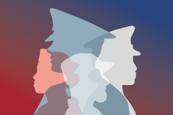 Red and blue gradient background with four military figure silhouettes layered on top.