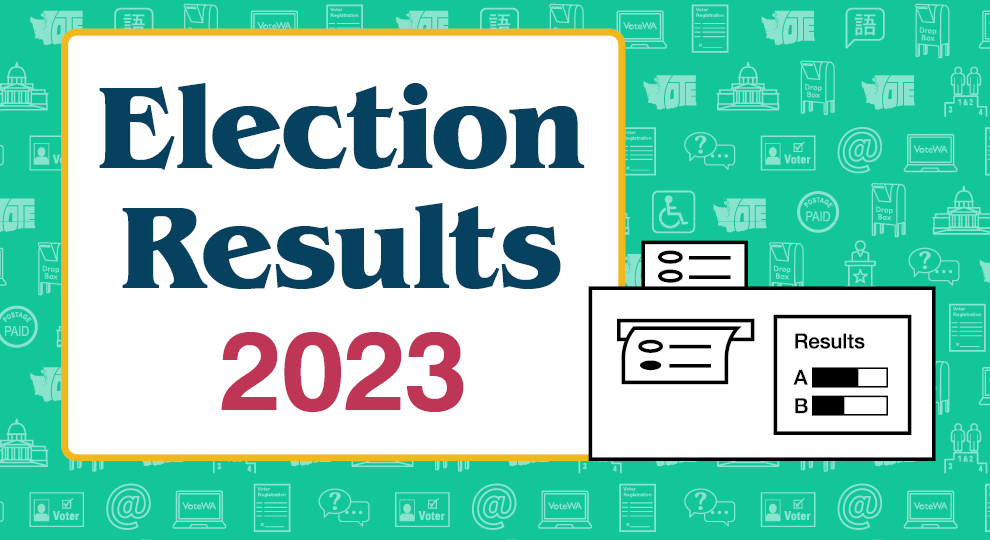 “Election Results, 2023” with illustration of ballot going through tabulation machine.