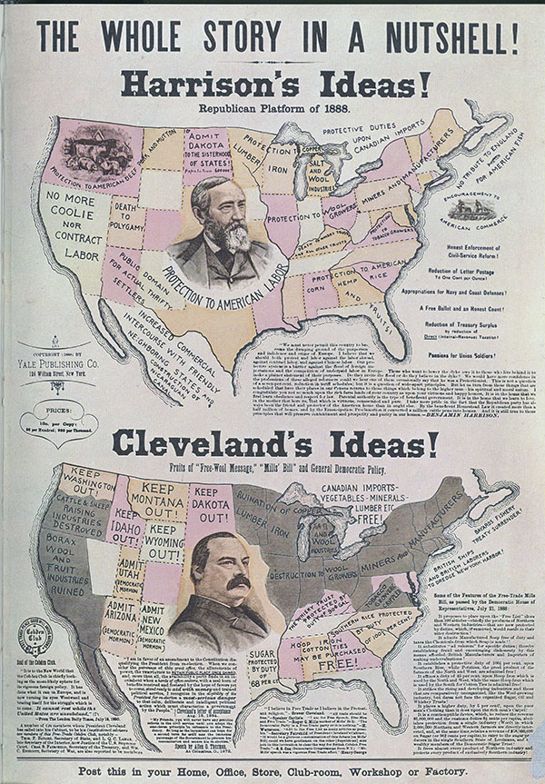 "Keep Washington Out": 1888 Benjamin Harrison's presidential campaign poster, "The Whole Story in a Nutshell," contrasts his ideas with Grover Cleveland’s ideas. Courtesy Chicago Historical Society.