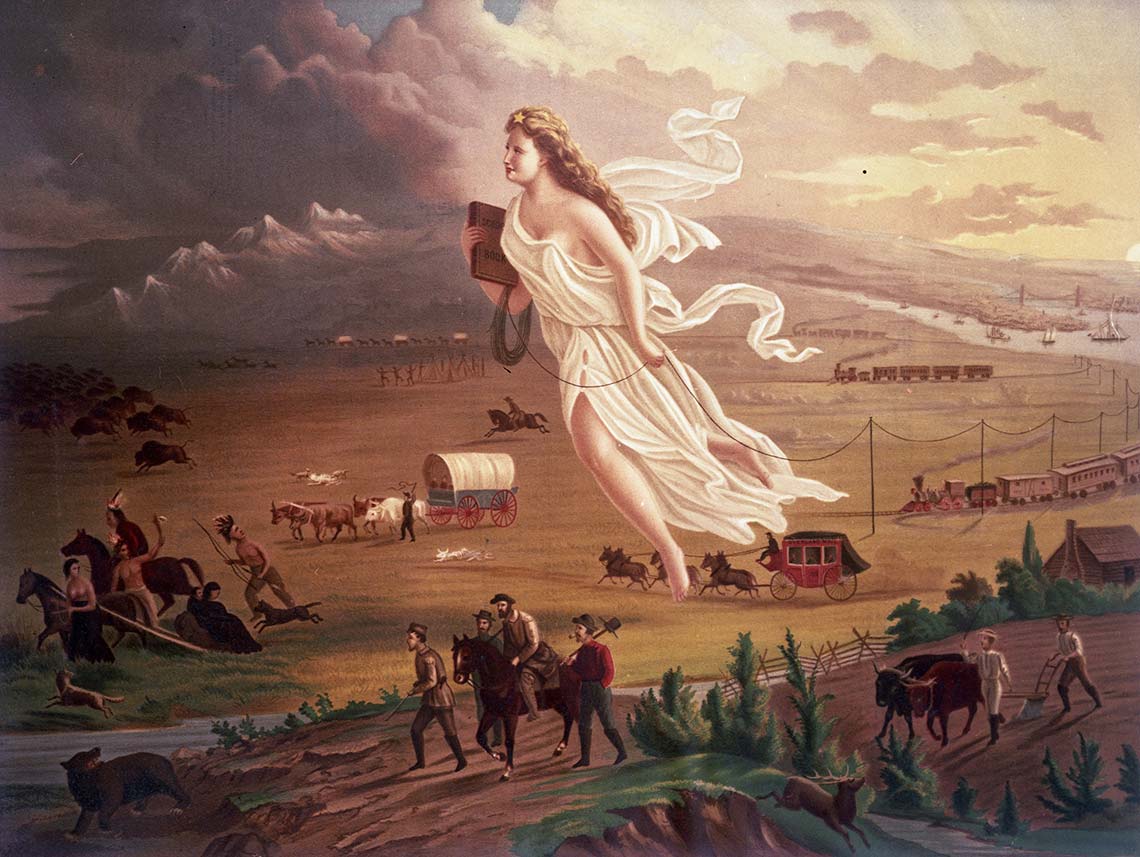 John Gast's "American Progress" portrays Liberty with telegraph wires moving westward across the Great Plains toward the Pacific Ocean fulfilling the idea of the country’s Manifest Destiny. Courtesy Library of Congress.