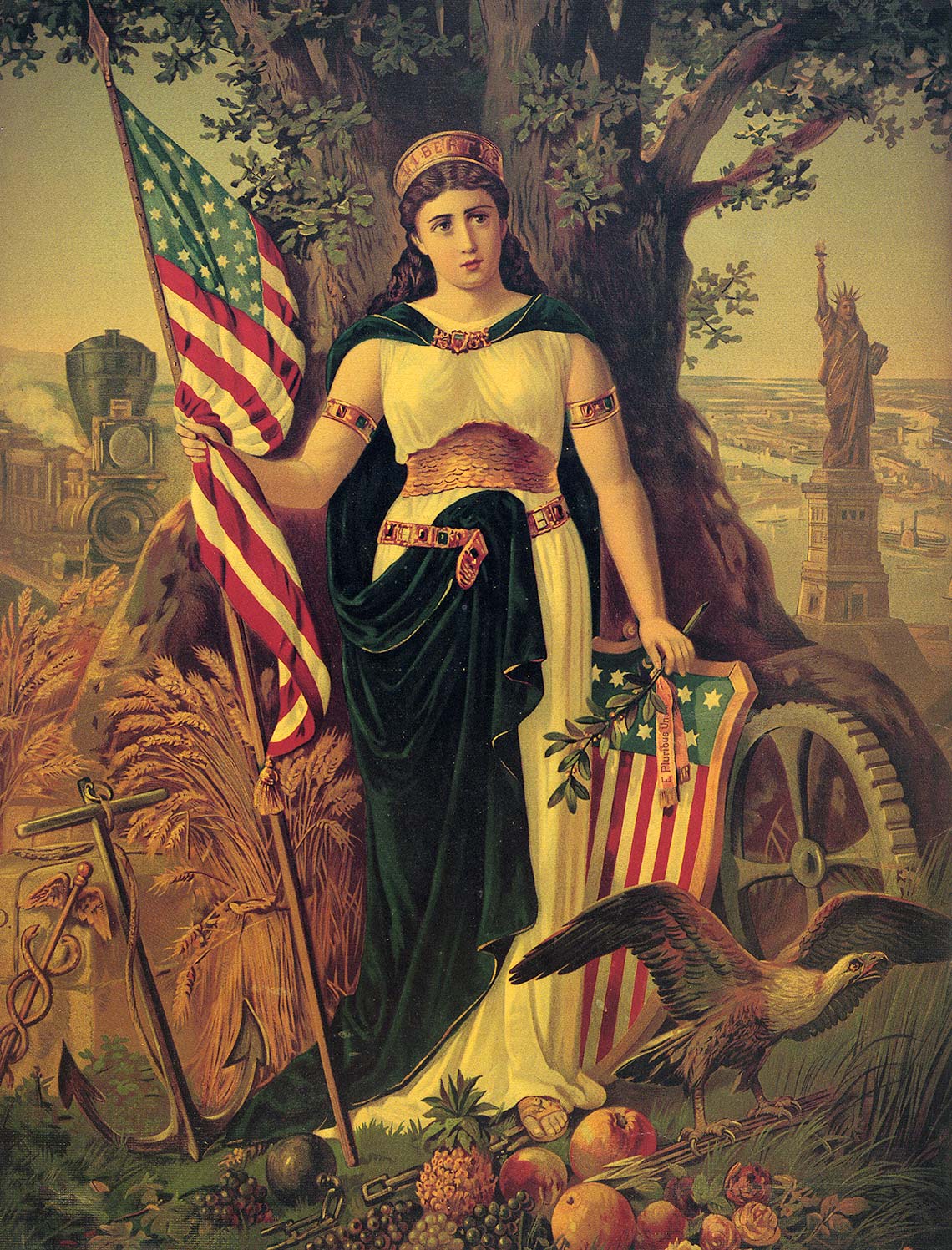 "Liberty as North America," French series print after 1886.  Traditional images of liberty and Columbia blended toward the end of the nineteenth century.  They were eventually eclipsed by the Statue of Liberty seen in the distance on right. Courtesy Washington State Historical Society.