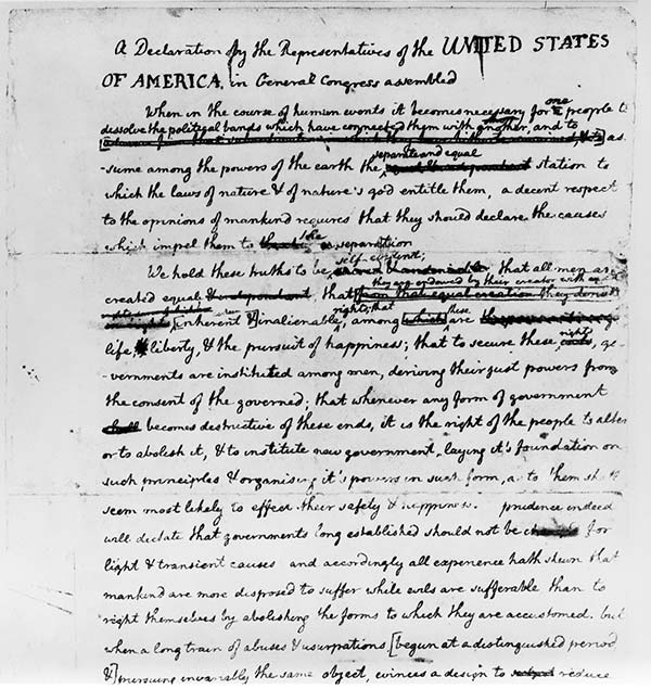 Draft of the Declaration of Independence in the handwriting of Thomas Jefferson with suggested changes by John Adams and Benjamin Franklin. Courtesy Library of Congress. 