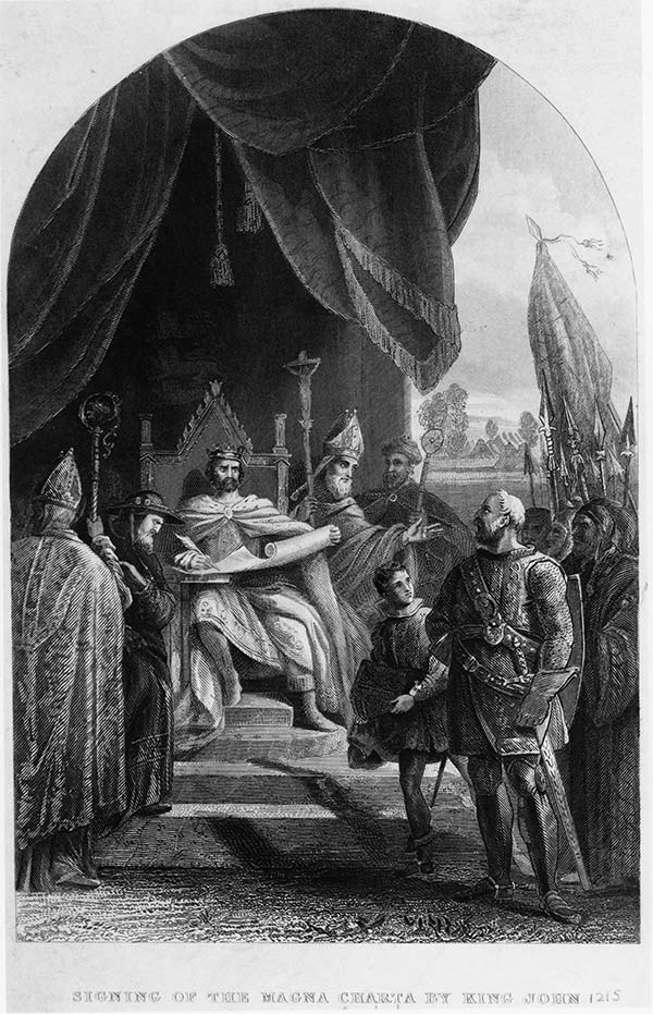 In Magna Carta, "the great charter" of 1215 C.E. promises forced from Britain's King John such as "due process of law" began to become a part of English fundamental law. Courtesy Picture Collection New York Public Library. After the Glorious Revolution of 1688-89 the newly crowned King and Queen of England swore to a Declaration of Rights, which was then enacted as a Bill of Rights.