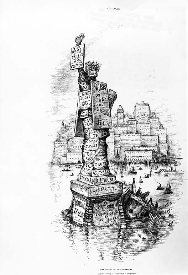 Statue of Liberty cartoon "Trusts Rising Above the People’s Liberty" by Thomas Nast. <br /><br />Centennial gift to the nation from France, the Statue of Liberty replaced other images and became the symbol of the nation. Courtesy New York Public Library. 