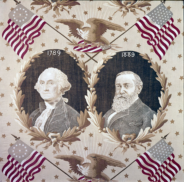 1888 Benjamin Harrison presidential campaign kerchief commemorates the centennial of George Washington’s inauguration as first President of the United States of America in 1889. Courtesy New-York Historical Society.