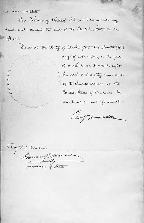 Handwritten Proclamation of Statehood “Done at the City of Washington” as the nation’s capital was still called at the time. Courtesy The National Archives