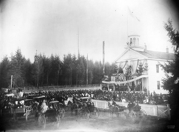 Arriving at the Territorial Capitol Building, Elisha P. Ferry was inaugurated as the first Governor of Washington State.  November 18, 1889. Courtesy Washington State Archives.