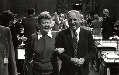 Adele Ferguson and Superintendant of
                              Public Instruction Frank "Buster" Brouillet leave a ceremony in the legislative
                              chambers in the 1980s. Adele says her most fervent fans are "the ship-fitter who
                              lives down the road." Adele Ferguson’s scrapbook.