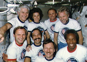 Dunbar and crew on her first space flight in 1985. She may have been the lone female on the mission, but Dunbar never gave the gender barrier much thought. STS-61A NASA photo.