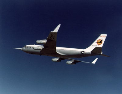 Nicknamed the Vomit Comet, the KC-135 gives Dunbar and crew a sense of
weightlessness over the Gulf of Mexico. NASA photo.