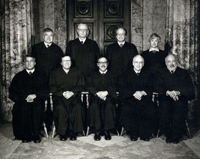 Back row, from left: the Washington Supreme Court in 1982: Fred Dore, Floyd
Hicks, William Williams, Carolyn Dimmick. Front row, from left: Robert Utter, Hugh
Rosellini, Bob Brachtenbach, Charles Stafford, James Dolliver