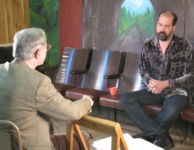 Krist Novoselic is interviewed in the
                    historic Grays River Grange Hall in Wahkiakum County in October 2008 by John Hughes,
                    chief historian of The Legacy Project. Lori Larson for The Legacy Project