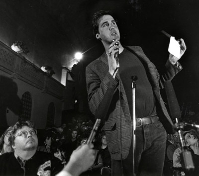 Krist Novoselic speaks at a Hoquiam City Council hearing in the historic 7th Street Theatre in 1994 in support of a plan to bring the Lollapalooza concert to Grays Harbor. Kathy Quigg for The Daily World, Aberdeen