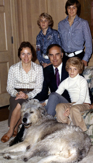 Nancy, Dan, and the boys with Peggy, their Irish wolf hound, at the Governor's Mansion in the early 1970s. Evans family album