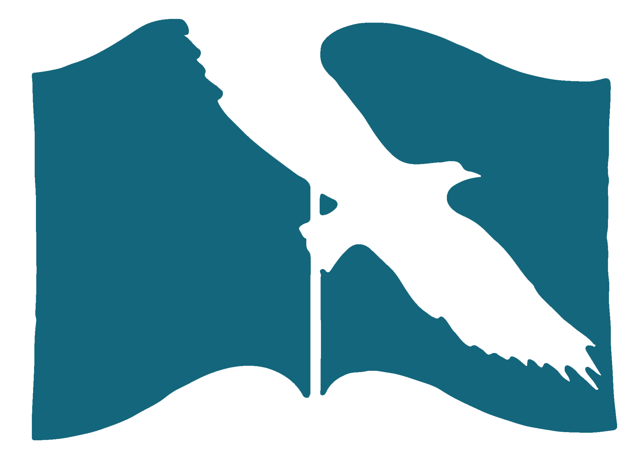 Logo of flying dove imprinted over a teal book
