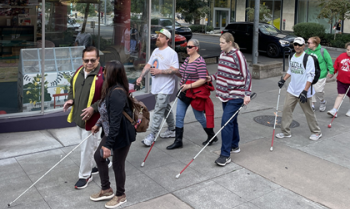 Group of vision impaired adults with canes walking on a sidewalk