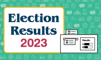 “Election Results, 2023” with illustration of ballot going through tabulation machine.