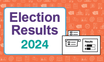 "Election Results 2024" with a ballot going through a scanner
