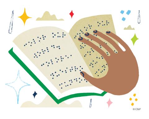 illustrated hand reading braille as shapes and colors surround the book