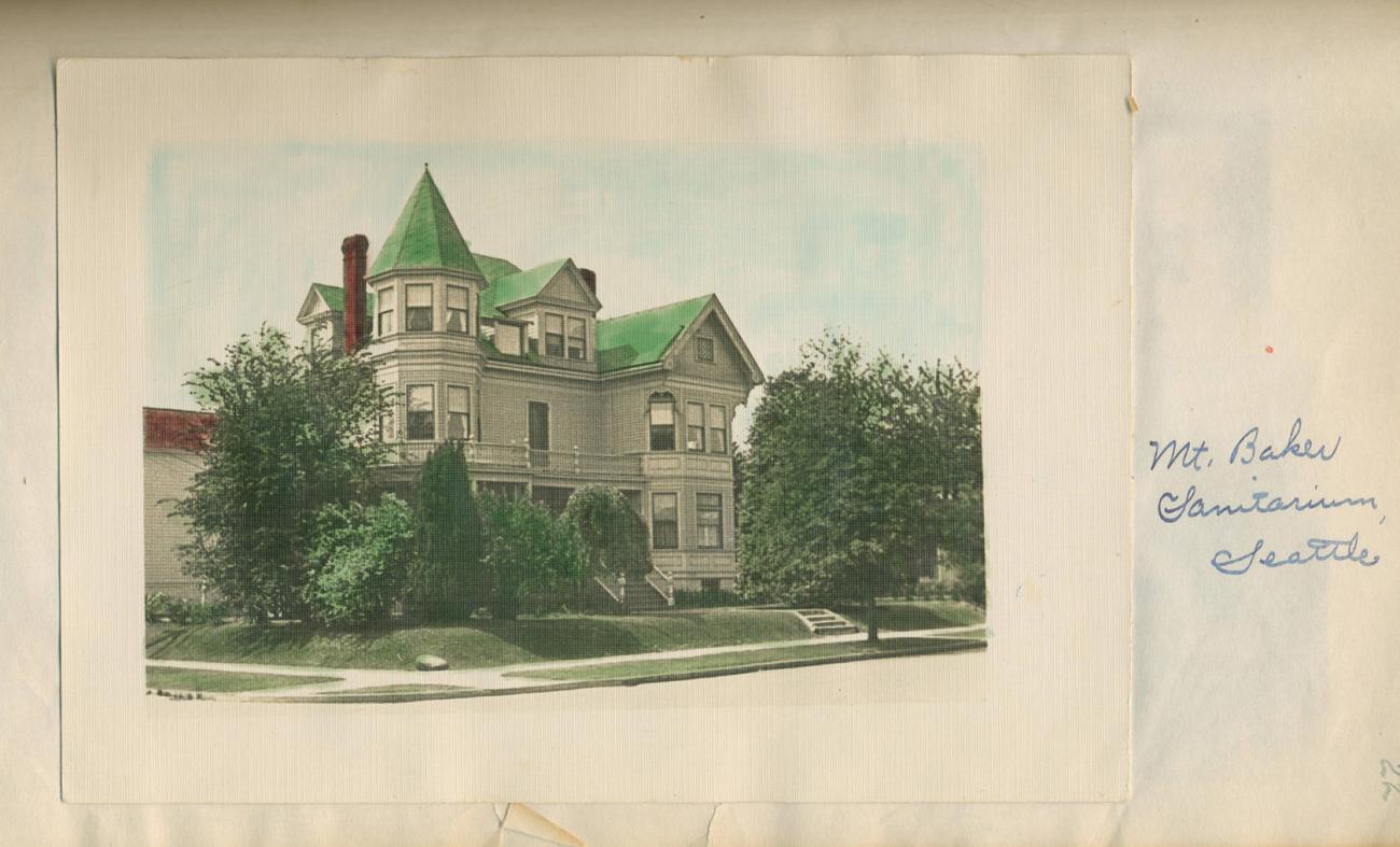 Image from a scrapbook, hand written "Mt. Baker sanitarium, Seattle"