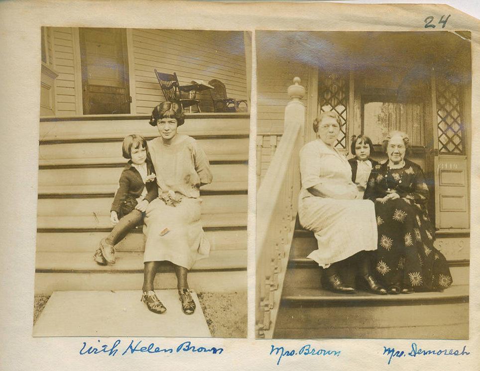 Scrapbook page. Tad with Helen Brown and second picture, Mrs. Brown and Mrs. Demoresh