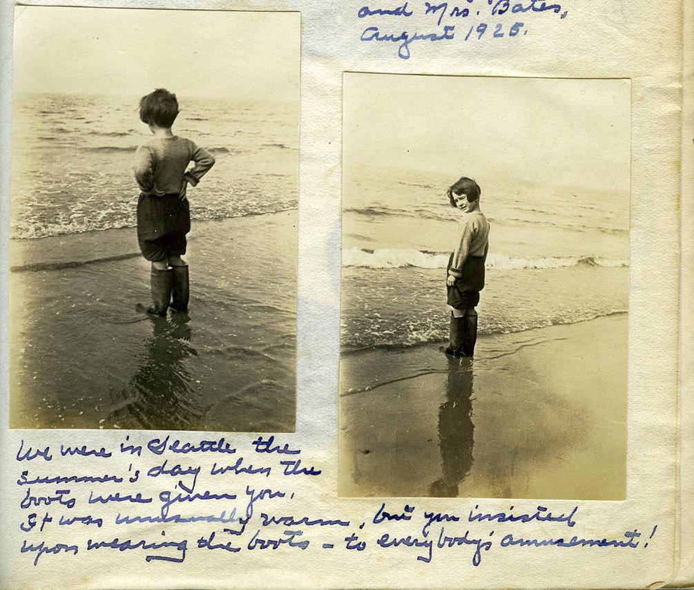 Pictures of Tad in boots at the shore of Paradise Cove