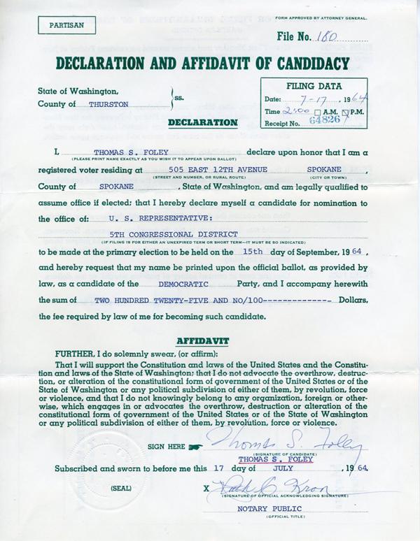 Foley 1964 declaration of candidacy Foley 1964 declaration of candidacy