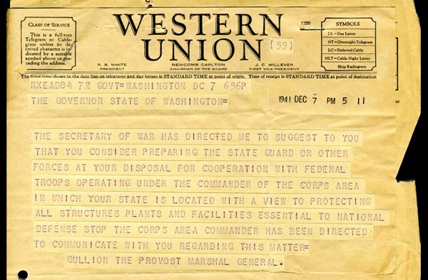 Pearl Harbor telegram to Gov. Langlie Pearl Harbor telegram to Gov. Langlie