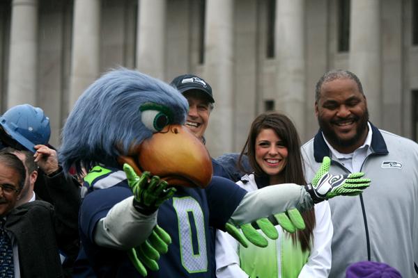 Seahawks rally w Inslee, Jones, Seagal, mascot Seahawks rally w Inslee, Jones, Seagal, mascot