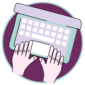 Purple and green laptop keyboard with two hands typing on circular purple and green background 