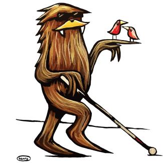 Illustration of a Sasquatch using a white cane in one hand and two red birds perched on the other hand