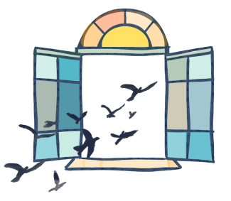 illustration of birds flying through an open color blocked window