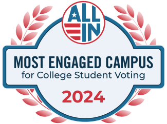 Red, white and blue ALL IN logo with red laurel behind it. Text says "Most Engaged Campus for College Student Voting 2024".