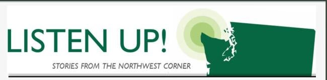 Photograph of logo banner of the Listen Up! oral history program.