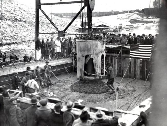 Governor Clarence D. Martin placing official first concrete pour at Grand Coulee Dam (Courtesy of Gonzaga University Digital Archives)