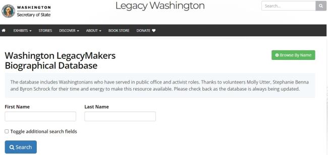Washington legacy makers biographical database screenshot