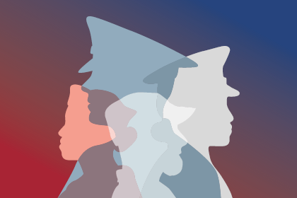 Red and blue gradient background with four military figure silhouettes layered on top.
