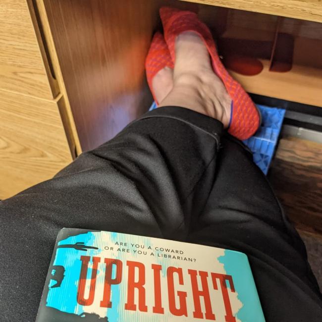 Legs of a woman crossed with a book on her lap