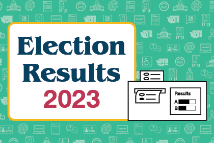 “Election Results, 2023” with illustration of ballot going through tabulation machine.