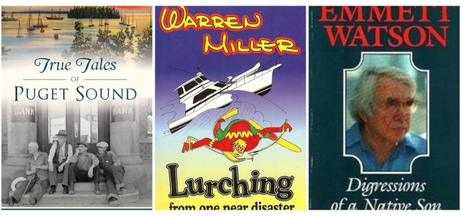 3 book covers. True Tales of Puget Sound by Dorothy Wilhelm, Warren Miller: Lurching from One Near Disaster to the Next by Warren Miller, and Digressions of a Native Son by Emmett Watson